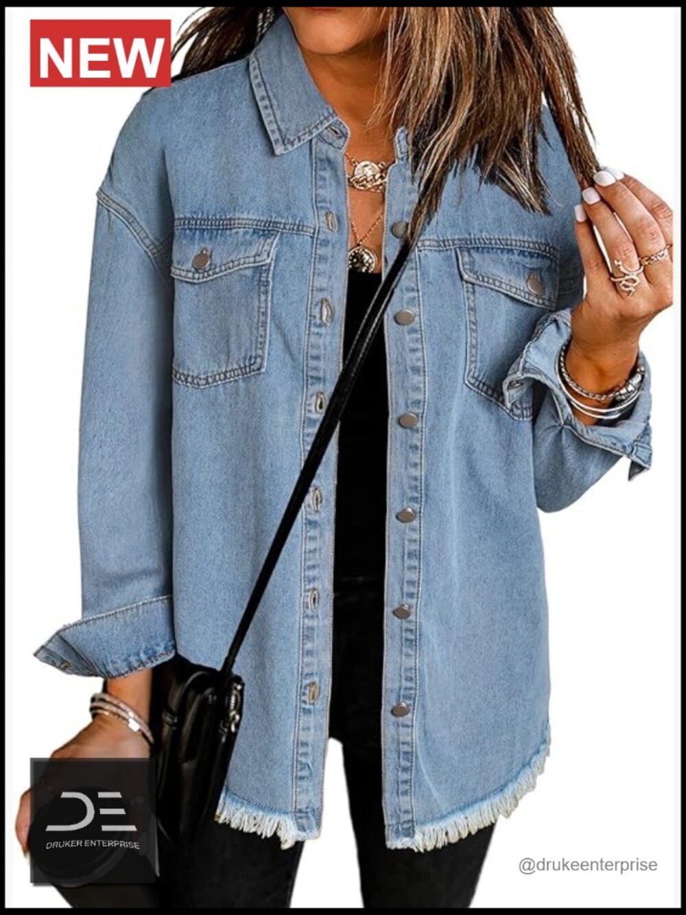 Oversized Distressed Denim Jacket Long Sleeve Button Front Utility Pockets